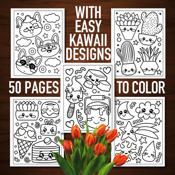 Kawaii: Cute Coloring Book, 50 Easy Adorable Illustrations, Large