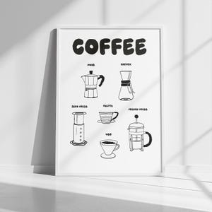 Op de afbeelding: Zwart-witte illustratie van verschillende koffiezetmethoden, waaronder een mokkapot, chemex, aeropress, kalita wave, french press en een v60 pour over. De tekst "COFFEE" staat bovenaan de afbeelding.