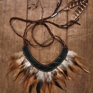 May include: A brown leather choker necklace with a fringe of brown, white, and black feathers.
