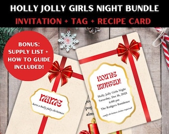 Holly Jolly Girls Night Bundle Custom CHRISTMAS RECIPE TAGS-Digital Gift Tag Template-Holiday Favor Tags-Instant Download Printable Gift Tag