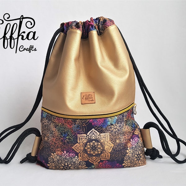 Bag for Woman, Waterproof Backpack, Gym Bag, Handmade Oriental Gold Dawstring Bag with Pocket, Sports Bag, School Bag, Gift for Her