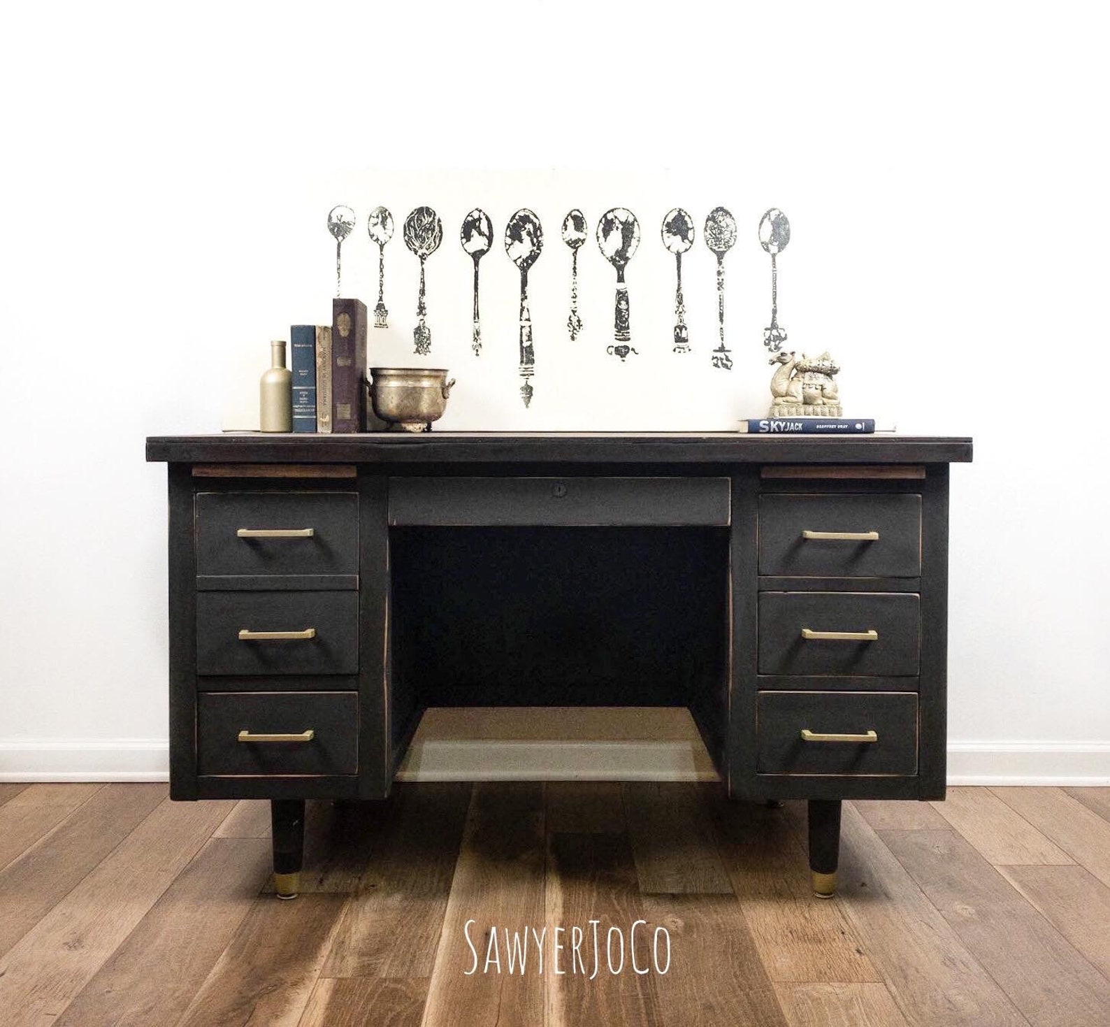 Rustic Reclaimed Black Desk with gold handles. Etsy