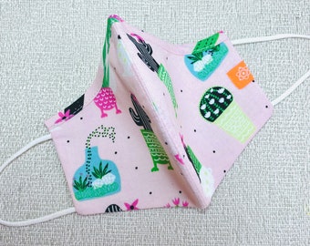 Pinkish Plants Mask with Nose Wire. 100% Cotton, Washable, Triple Layer Cotton Face Mask. Cactus Plant Mask.