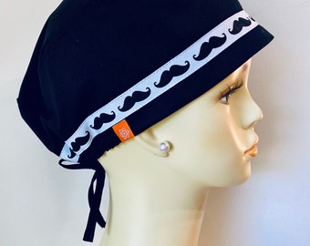 Black Mustache Scrub Cap, Srub Hat, Surgical Cap, Reusable Cap. Adjustable tie in the back for all hair head shapes and hair styles. Unisex.