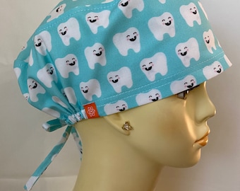 Smily Tooth Scrub Cap, Scrub Hat, Surgical Cap, Buttons Added Upon Request.