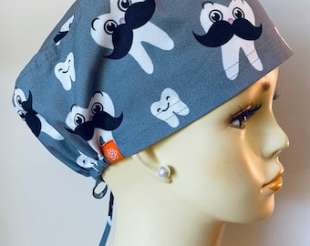 Teeth Mustache You Scrub Cap with Buttons, Scrub Hat, Surgical Cap. Unisex. MATCHING MASK AVAILABLE.