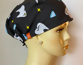 Teeth and Diamonds In Dark Gray with Buttons Scrub Cap, Scrub Hat, Surgical Cap. MATCHING MASK AVAILABLE.
