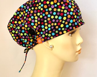 Colorful Confetti Scrub Cap with Buttons~ Scrub Hat ~ Surgical Cap. Rainbow Colors Scrub Cap. Multicolor. Unisex. MATCHING MASK AVAILABLE.