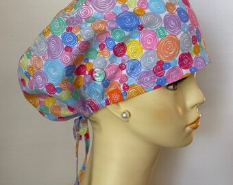 Pastel Seashells Scrub Cap with Buttons, Scrub Hat. Surgical Cap.