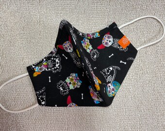 Dogs and Skeletons Sugar Skull Mask with Nose Wire. 100% Cotton, Washable, Triple Layer Cotton Face Mask.