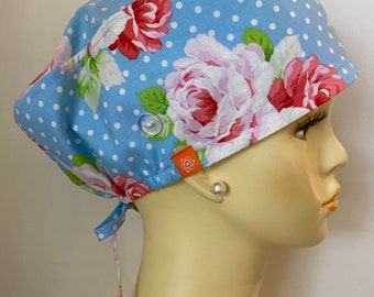 Polka Dot Blue Scrub Cap with Buttons. Scrub Hat. Surgical Cap. Reusable Blue Scrub Cap.