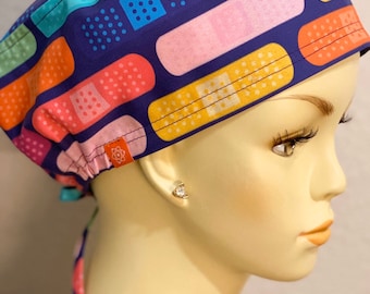 Band Aid Rainbow Scrub Cap with Buttons, Scrub Hat, Surgical Cap with Buttons.
