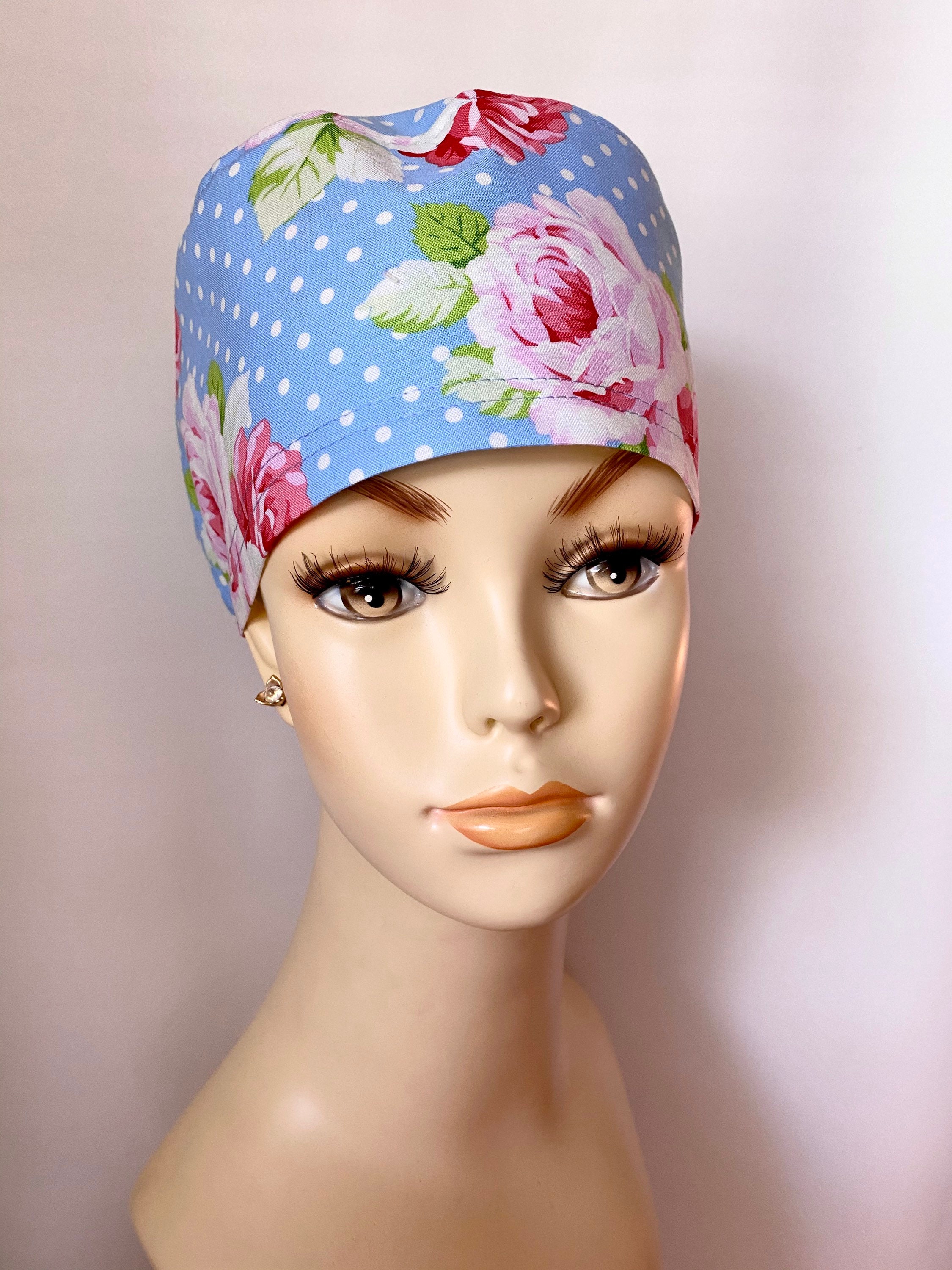 Polka Dot Blue Scrub Cap With Buttons. Scrub Hat. Surgical Cap