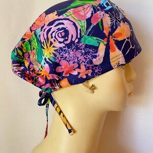 Neon Garden Scrub Cap with Buttons, Scrub Cap, Surgical Cap, Colorful, Navy Blue Flowers