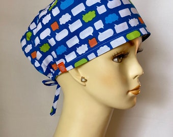 Cartoon Thoughts in Blue Scrub Cap with Buttons,  Scrub Hat, Surgical Cap. Washable.