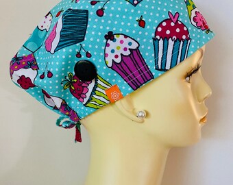 Cupcake Cap with Buttons, Surgical Cap, Scrub Hat. Unisex. Dream Catcher and Cow Skull Mask. MATCHING MASK AVAILABLE.