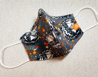 Spooky Pumpkin Halloween Mask with Nose Wire. 100% Cotton, Washable, Triple Layer Cotton Face Mask.