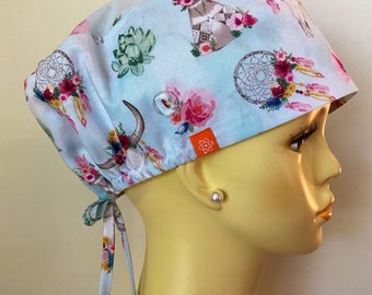 Agave Cap with Buttons, Surgical Cap, Scrub Hat. Unisex. Dream Catcher and Cow Skull Mask. MATCHING MASK AVAILABLE.