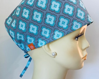 Turquoise-Gray Design Scrub Cap, Surgical Cap, Scrub Cap with Buttons for Mask.