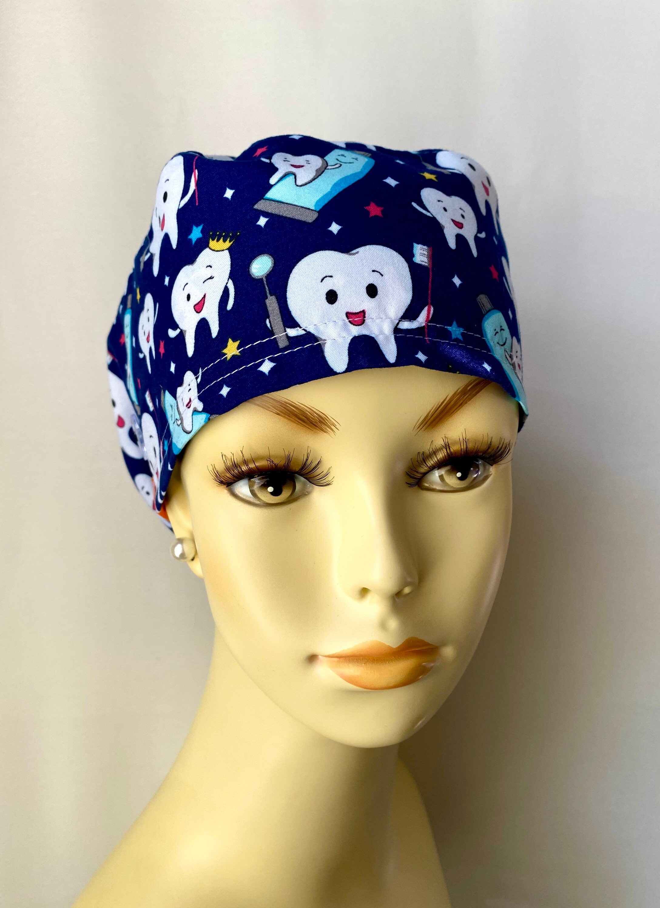 Navy Blue Happy Dental Scrub Cap With Buttons Surgical Cap Etsy