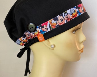 Black Disney Characters Scrub Cap with Buttons. Mickey, Minnie, Donald, Goofy, Pluto Scrub Cap; Scrub Hat.