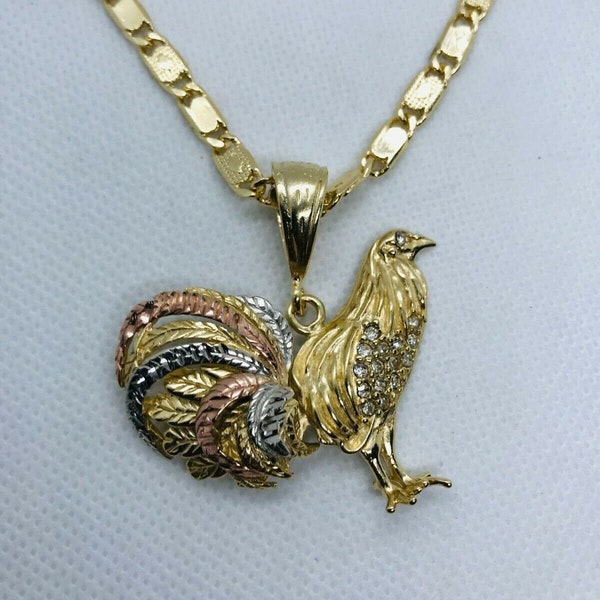 Rooster pendant Necklace 26" Gallo Pura Sangre 3 tonos de oro diamantado CZ 18k gold filled