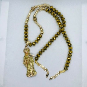 Handmade Holy Death Gold Crystal Necklace Collar de cristal Santa Muerte Dorado