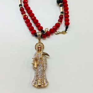 Handmade Holy Death Red Crystal Necklace Collar de Cristal Santa Muerte