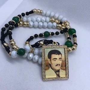 Rosario Jesus Malverde Buchon Sinaloense Blanco/Jade Medalla 14k chapa de Oro