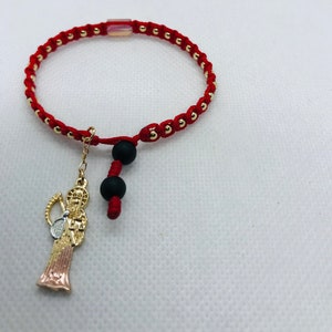 Pulsera Santa Muerte Tejida delgada Roja y bolas oro laminado 3mm