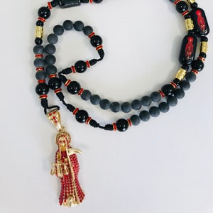 Red Santa Muerte Rosary black matte natural Onyx stone