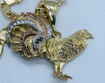 14k Gold Laminated Rooster Pendant Necklace | Stainless Steel Figaro Chain | Mexico