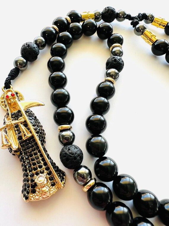 Black Santa Muerte Rosary Black Natural Obsidian and Lava Rock - Etsy