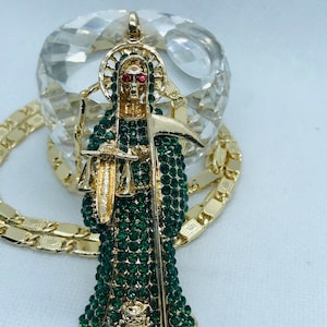 Santa Muerte Verde pendant gold filled Green Holy death & chain 26&quot; in