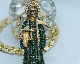 Santa Muerte Verde pendant gold filled Green Holy death & chain 26" in