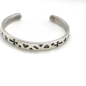 Vintage Sterling Silver 925 Cuff bracelet  with Crosses, stars, hearts Carved
