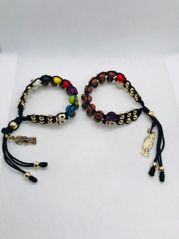 Pulsera Doble Santa Muerte Ojo Tigre y Calavera tejida España