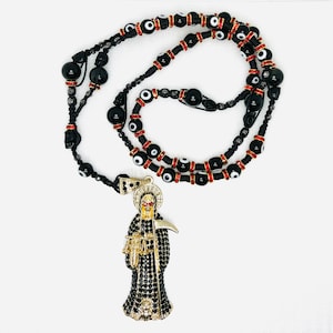 Santa Muerte Negra Oro laminado Rosario collar con bolas del mal ojo Negro