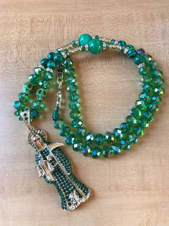 Handmade Holy Death Green Pendant Necklace Collar Santa Muerte
