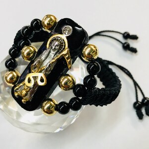 Pulsera Buchon Santa Muerte acero inoxidable doble tejido Negro