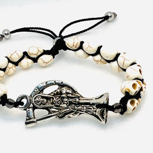 Santa Muerte pulsera con calaveras blanca doble tejido