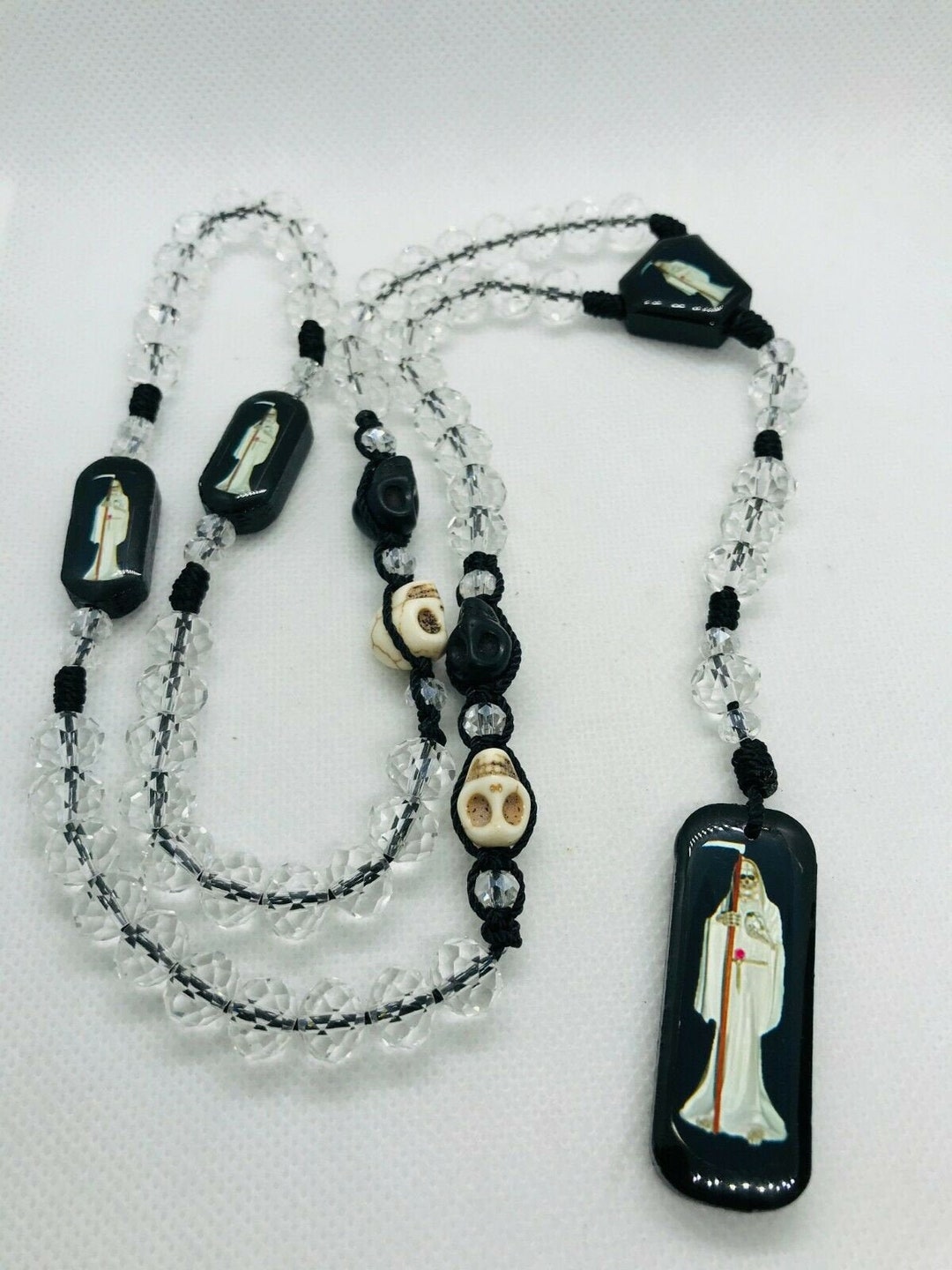 Rosario Santa Muerte Blanca Cristal Blanco White Holy Death