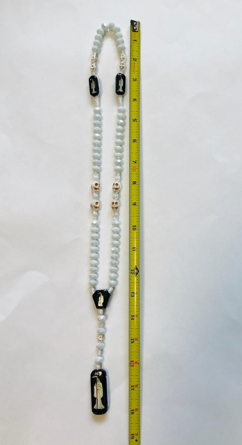 Rosario Santa Muerte Blanca Cristal Blanco Perla White Holy Death Crystal Rosary hand made with Pearl White bead