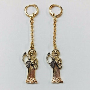Earring Holy Death 14k Gold plated/ Aretes de Santa Muerte 3 tonos oro laminado