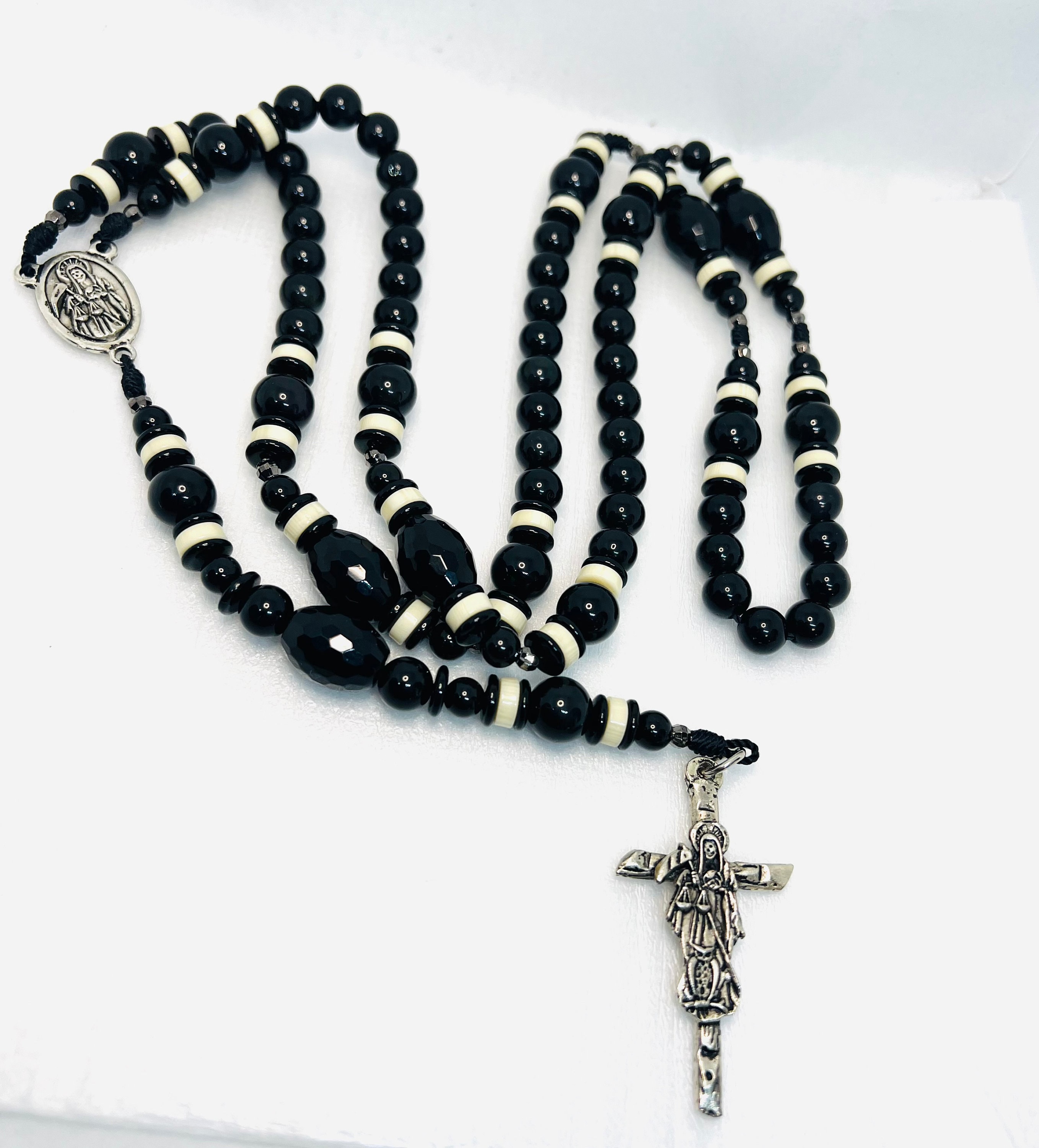 Black XL Rosary Santa Muerte With Black Onyx Obsidian Beads - Etsy