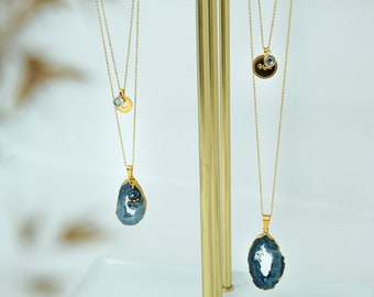 Lange Gold Kette 585 Gold Filled mit Drusen-Anhänger Achat grün