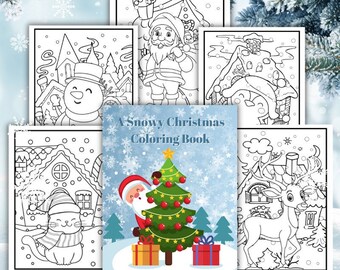 Een besneeuwde kerst afdrukbaar kleurboek, kleurplaten voor kinderen, kousvuller, sneeuwpop, rendier, kerstman, kerstkat