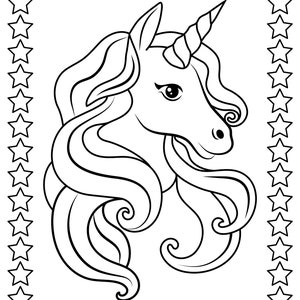May include: Black and white line art of a unicorn's head with a spiraled horn and flowing mane. The image is framed by a border of stars, creating a whimsical and magical design, perfect for coloring or crafting projects.