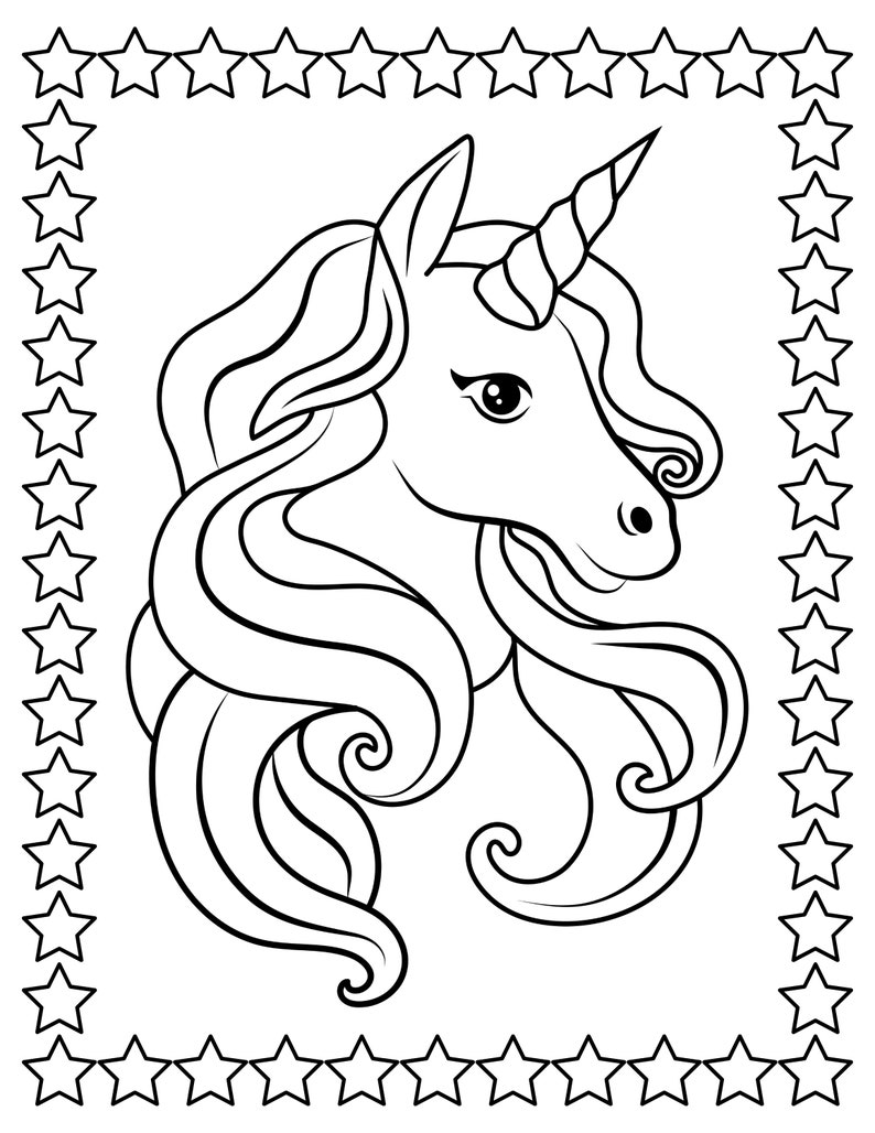 May include: Black and white line art of a unicorn's head with a spiraled horn and flowing mane. The image is framed by a border of stars, creating a whimsical and magical design, perfect for coloring or crafting projects.