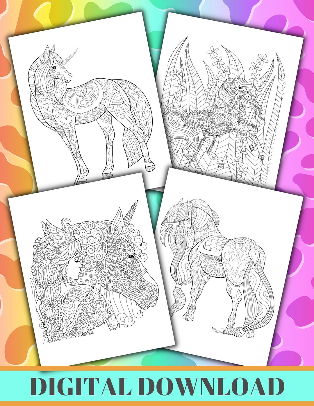 Unicorn Coloring Pages for Adults, Printable Coloring Pages, Birthday ...